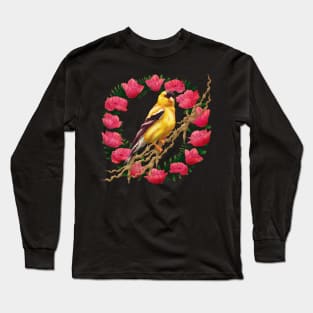 American Goldfinch Head Bird on Pink Flowers Long Sleeve T-Shirt